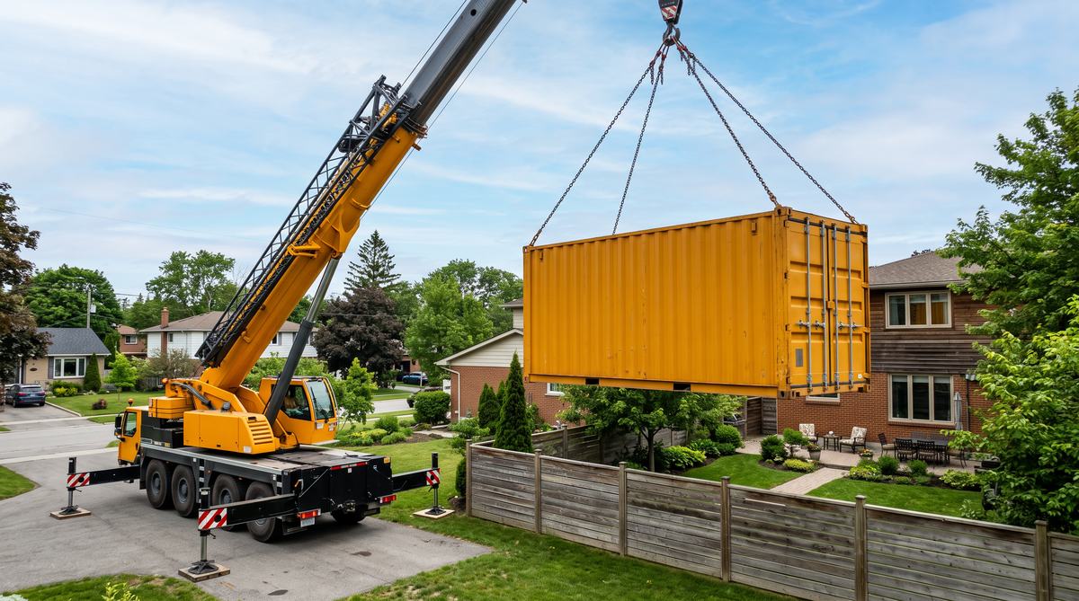 Mobile crane lifting a container over a fence
