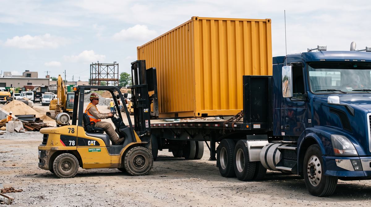 Forklift lifting a container off a flatbed