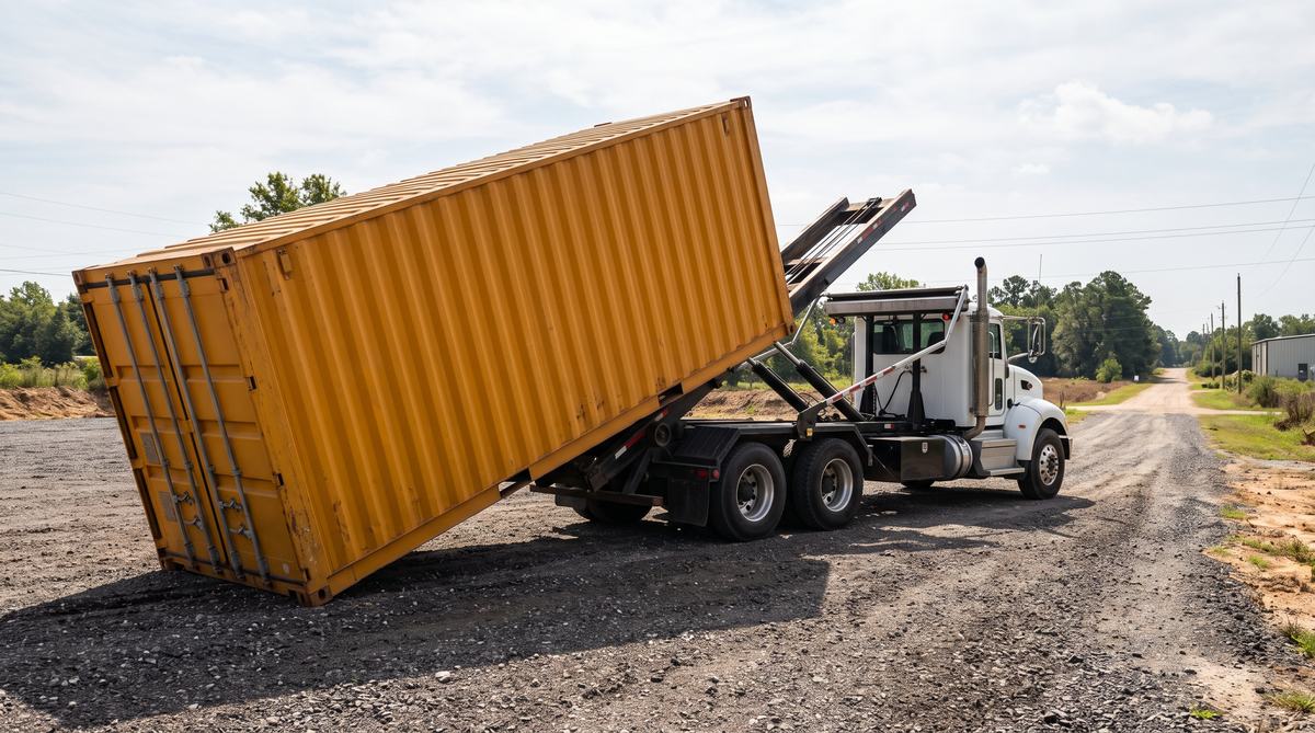 Tilt-bed truck sliding a container onto the ground