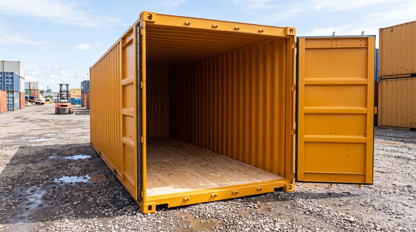 New one-trip 20ft container with doors open, showing the plywood floor